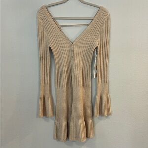 Anthropologie Beige Ribbed Knit Dress with Flared Sleeves M